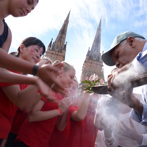 ‘Smoking ceremony’, Cathedral Square, Sydney. Photo: Elise Lockwood.